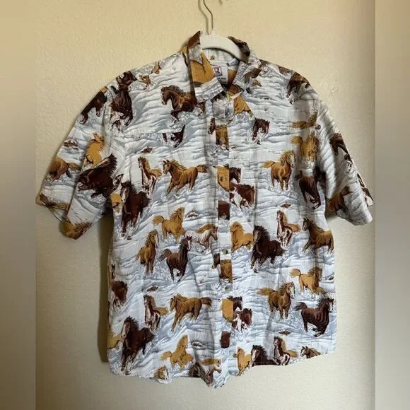 Vintage All Over Horse Button Down Shirt Size XL Winter Running Horse Print - Picture 7 of 7